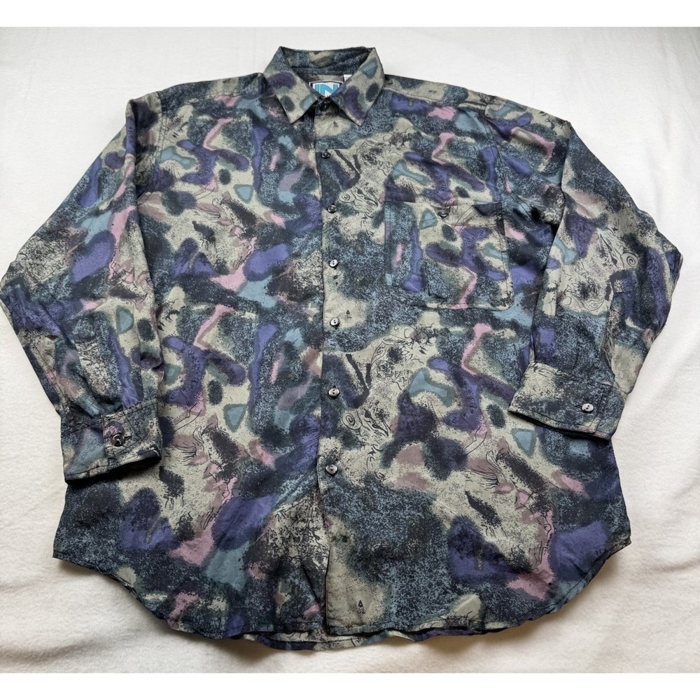 Vintage In Private 90's Men's S Abstract Graffiti Silk Shirt Lightweight